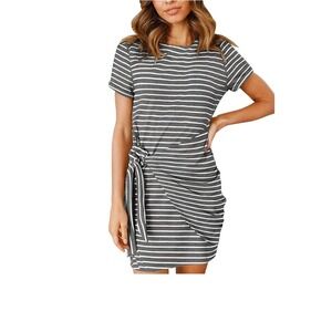 Fashion Womens Charcoal Grey White Striped Side Tie Draped T-Shirt Dress XL